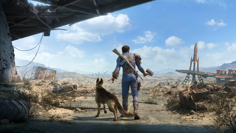 screenshot, sky, leisure activity, lifestyles, casual clothing, real people, mammal, Fallout 4, nature, full length, domestic animals, Fallout, 4K, day