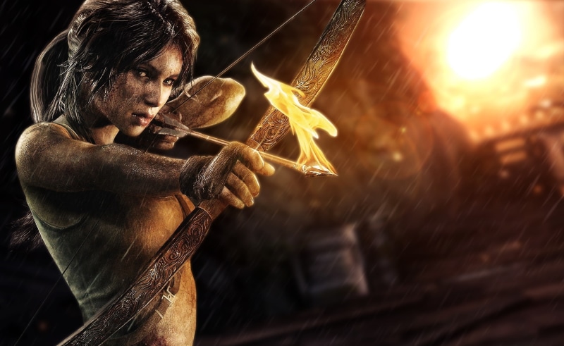 real people, young men, raider, illustration, croft, Action, indoors, Survivor, men, arrow, Journey, Fire, one person, Game, lifestyles, portrait, waist up