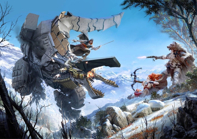 dawn, The sky, Mountains, Guerrilla Games, day, Bow, Weapons, Fire, representation, religion, tree, built structure, no people, winter, horizon