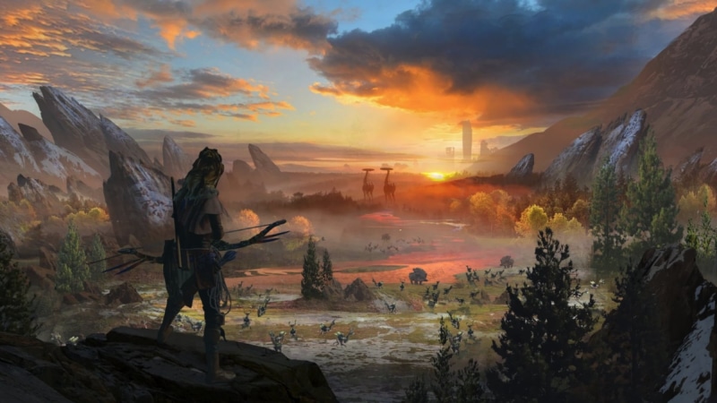 rock - object, sunset, video games, nature, plant, landscape, tree, outdoors, non-urban scene, game, video, idyllic, sky, Horizon: Zero Dawn, real people