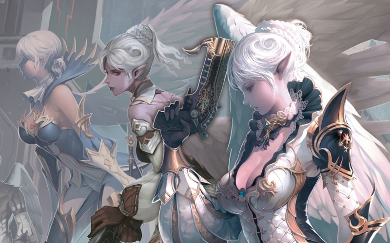 eyes, mmorpg, games, lineage, dress, hair, people, ears, red, 720P, weapons, kamael, artwork, art, hd, wings, video, Video Games, long, white
