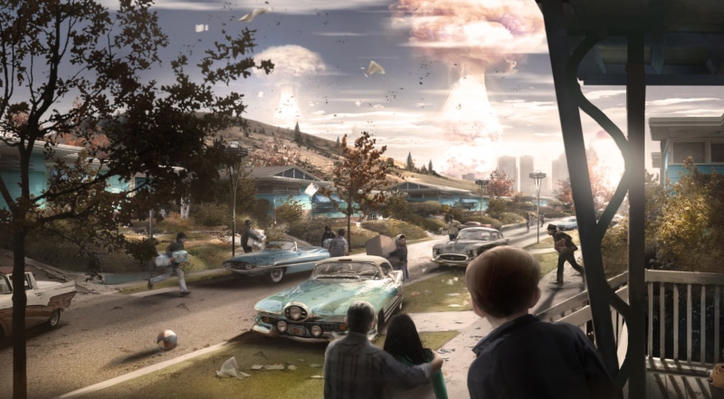 outdoors, videogame, Game, boston, video, town, real people, motor vehicle, evacuating, Post-apocalyptic, Fallout, fallout4, mode of transportation, Retro