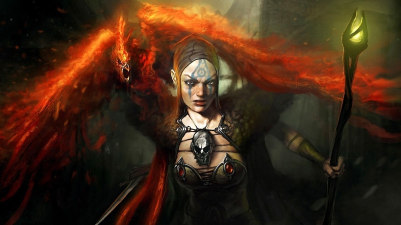 fantasy art, skull, women, 1080P, artwork, weapon, fantasy, light, art, monster