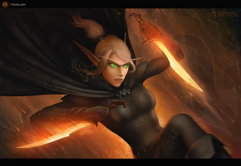 prozorov, artwork, 2K, warcraft, blood, games, elf, dmitriy, world of warcraft, Video Games, ears, daggers, long, art, hd, fantasy, video, world, rogue