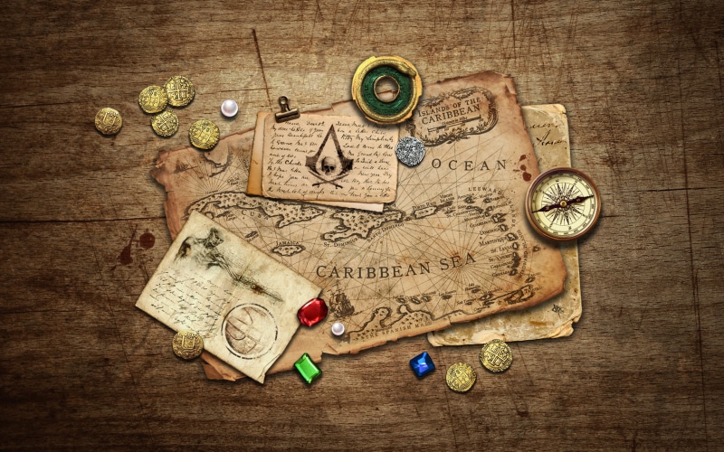 hd, creed, compass, map, video games, black, 2K, s, flag, assassin, coins