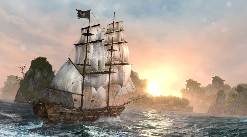 rigging, creed, cloud - sky, 4K, Ship, iv, mode of transportation, sky, passenger craft, tall ship, sea, Games, sunset, Assassins Creed, Flag, mountains