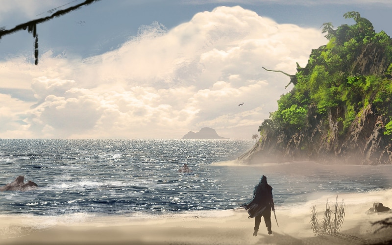 island, beach, man, assassins, Assassins Creed IV: Black Flag, seashore, flag, pirates, digital, iv, Ocean, 2K, art, creed, painting, Sea, standing, black