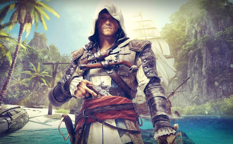 s, character, hairstyle, nature, black, mid adult, portrait, adult, kenway, looking at camera, 5K, clothing, gray, holding, weapon, assassins creed black flag