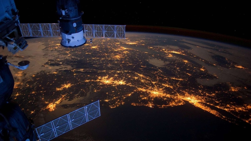 white, building, sky, no people, high angle view, satellite, metal, environment, outdoors, continents, built structure, universe, Earth, night, glowing