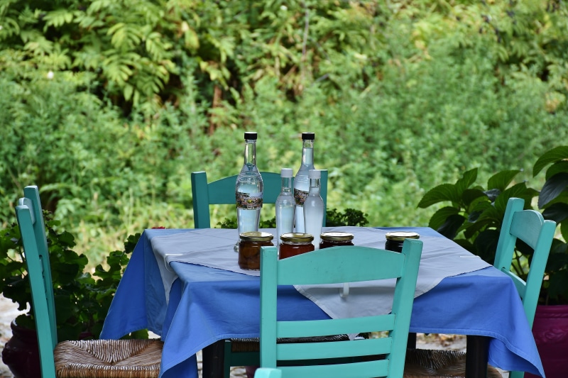 chairs, sky, outdoors, mainland greece, seat, summer, idyllic, absence, household equipment, tablecloth, romance, 5K, olympus, focus on foreground, bottles