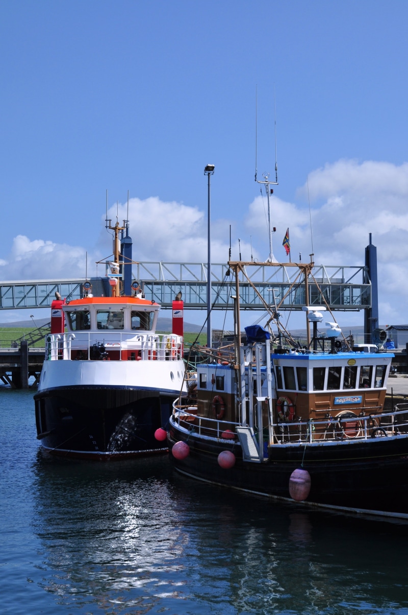 passenger craft, cloud - sky, islands, fishing boat, scotland, orkney, view, sunny, seaport, architecture, waterfront, pier, travel, tourism, no people