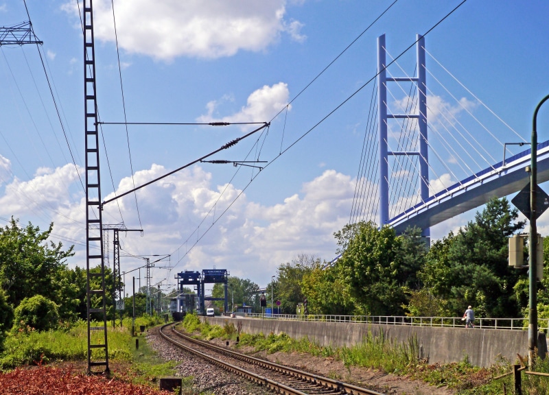 rügen bridge, tree, connection, built structure, outdoors, brick dig, strelasund bridges, complexity, railroad track, railway, single-track, island of dänholm