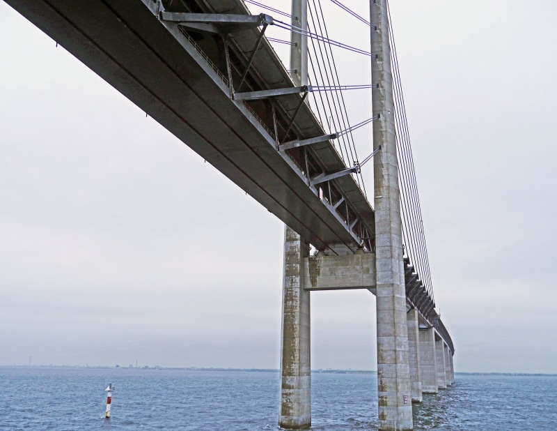 cable-stayed bridge, low angle view, kattegat, transit, architecture, railway, built structure, nature, pillar, concrete structure, pylons, horizon over water