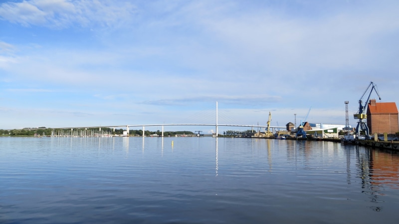 built structure, reflection, architecture, baltic sea, travel, 2K, sound, sea, building exterior, stralsund, rügen bridge, water, cloud - sky, nautical vessel