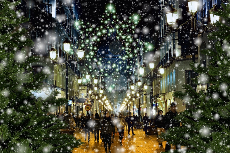 cold temperature, wintry, car, building exterior, rainy season, winter, light, downtown, transportation, street, no people, city, city life, lights, night
