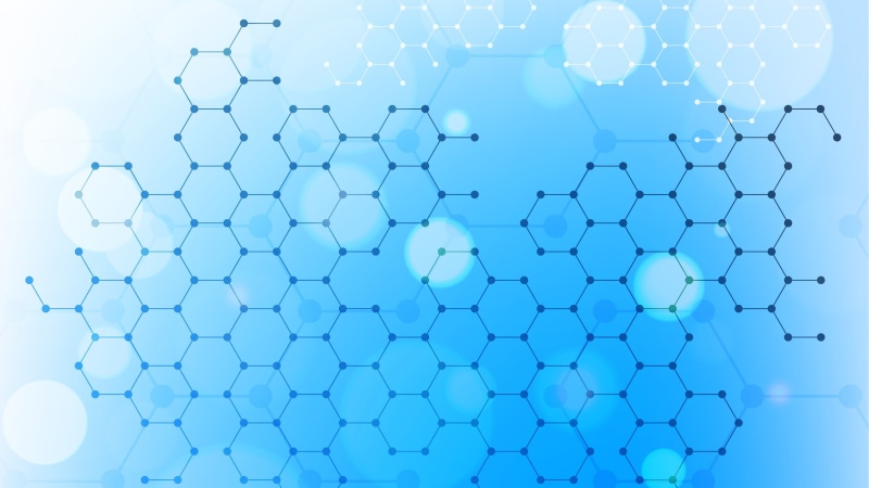biology, dot, net, large group of objects, web, mesh, close-up, genetic research, scientific experiment, blue background, hexagon, 4K, blue, molecule