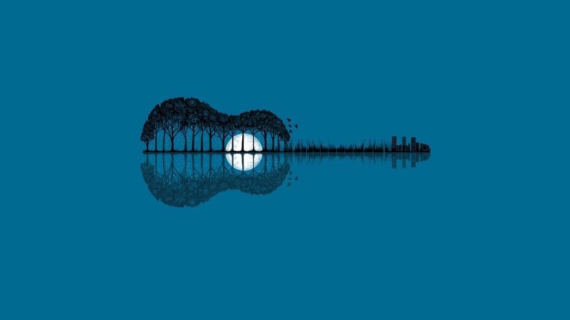 nature, black, copy space, backgrounds, day, blue, reflection, guitar, sky, building, art, water, 1080P, blue background, one animal, symmetry, lake, no people
