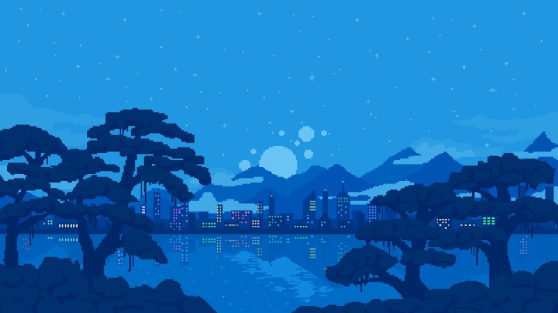 cityscape, stars, pixels, digital art, pixel art, landscape, night, 1080P, trees, pixelated, water, nature, blue background, reflection