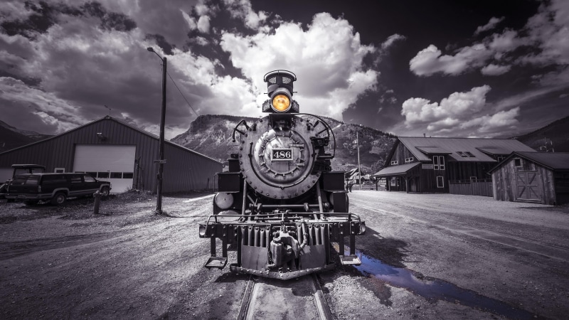 rail, locomotive, monochrome, sky, 4K, railroad, darkness, railway, train, monochrome photography, black and white, cloud, photography
