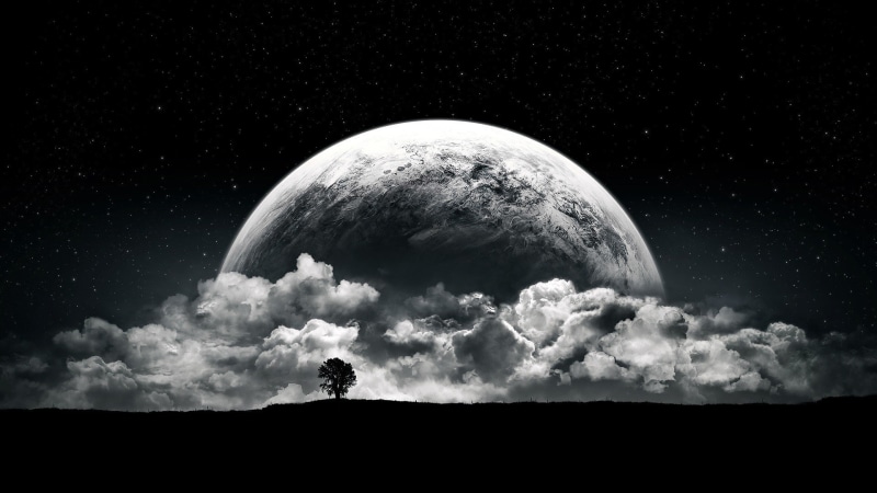 digital art, planet, surreal, trees, space art, clouds, white, night, dark, landscape, Moon, black, 1080P, stars, space, fantasy art, monochrome