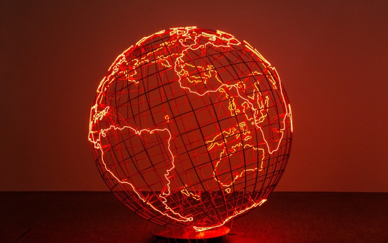 lights, globes, world map, planet, Earth, Africa, nets, South America, electricity, artwork, Europe, continents, 2K, neon, wire, Antarctica, Australia