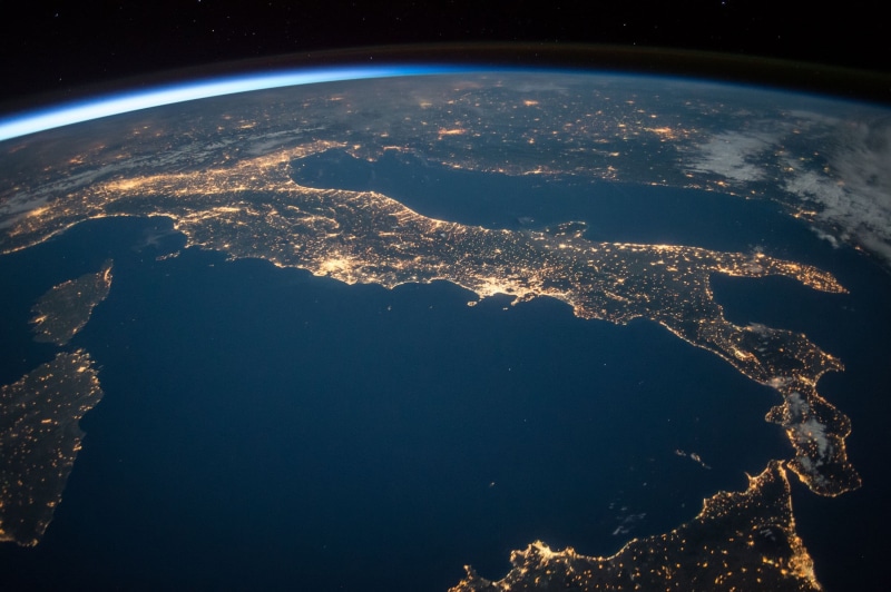 science, cosmos, star - space, bay, map, italy, illuminated, sky, mediterranean, night, scenics, astronauts, 1080P, spaceship, lights, orbiting, satellite view