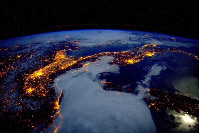 water, planet - space, night, beauty in nature, environment, bay, europe, illuminated, international space station, science, earth, lights, italy, taken