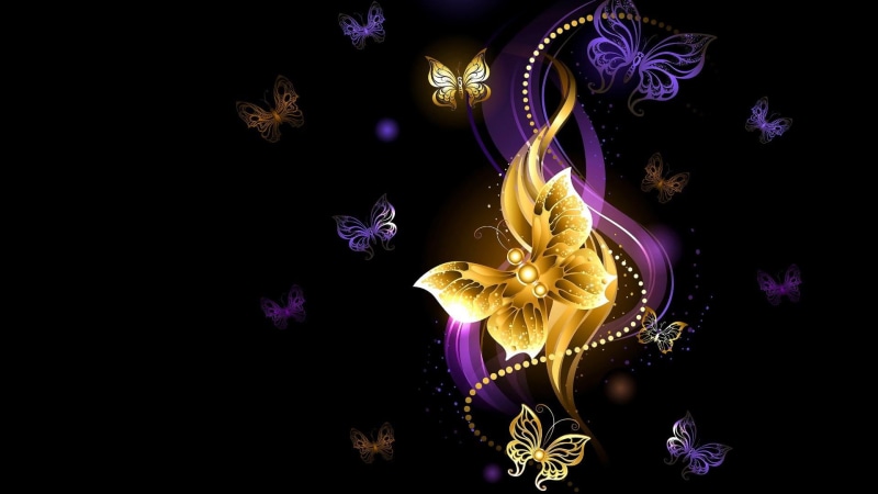 butterflies, purple, digital art, butterfly, illustration, darkness, art, glittering, graphic design, graphics, special effects, 1080P, shine, violet