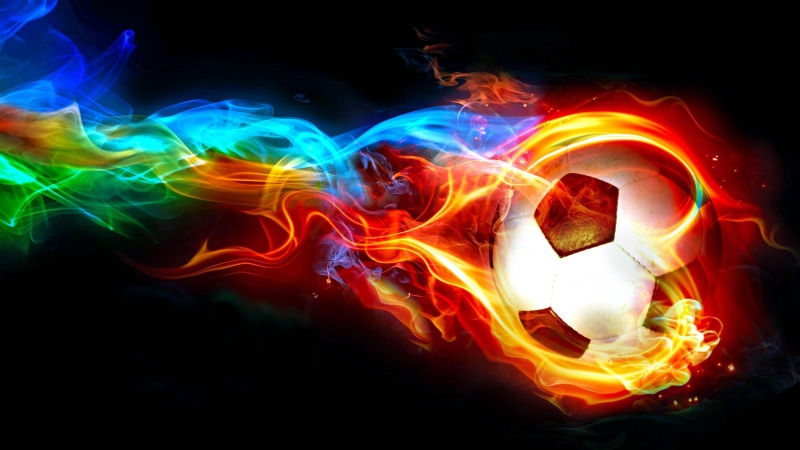 special effects, soccer ball, digital art, colorful, graphics, 4K, ball, flame, darkness, football, light, design, cool, multicolor, fire
