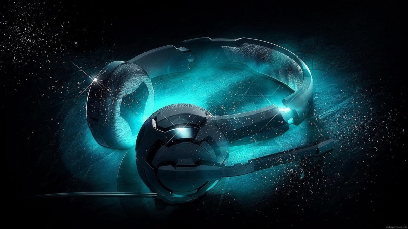 digital art, 1080P, special effects, darkness, headphones, graphics, blue light