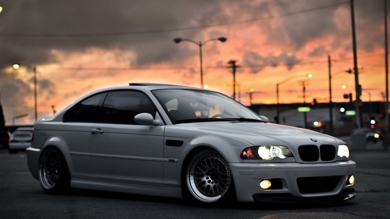 BMW, coupe, street light, focus on foreground, land vehicle, illuminated, architecture, road, transportation, sunset, no people, gray, cloud - sky, BMW M3 E46