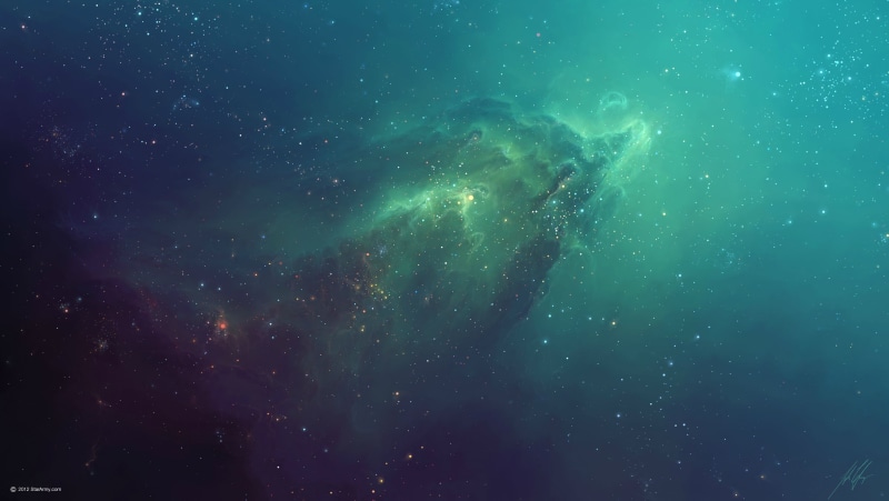 abstract, nebula, digital art, artwork, space, green, stars, blue, TylerCreatesWorlds, space art, 2K, galaxy, multiple display
