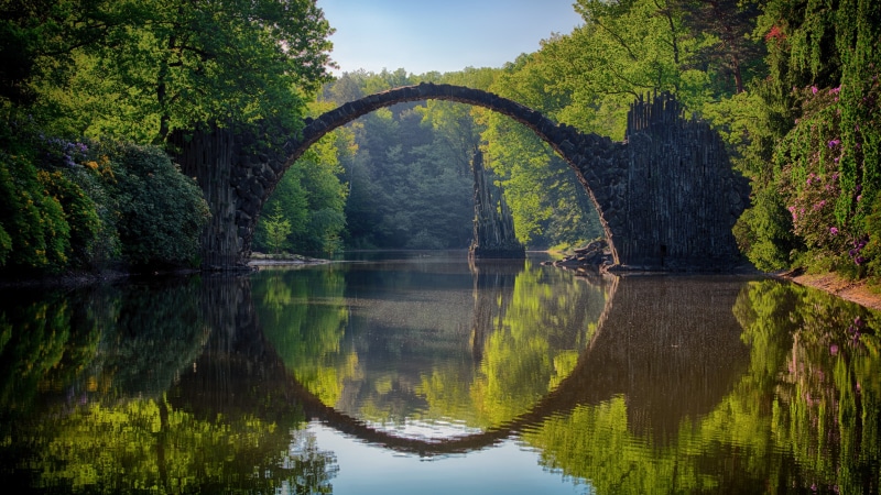 azalea and rhododendron park, devils bridge, park, gablenz, 4K, kromlau, reflection, devil bridge, germany, bridge, europe, rakotzbrucke
