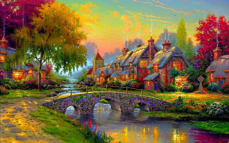 colorful, 1080P, house, painting, bridge