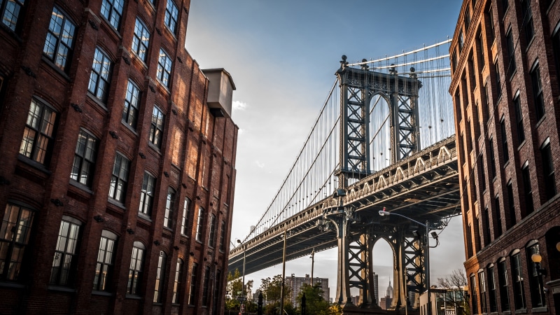 bridge, dumbo, cityscape, street, united states, street view, alley, daytiime, building, new york, 4K, landmark, usa, new york city, sky, metropolis, facade
