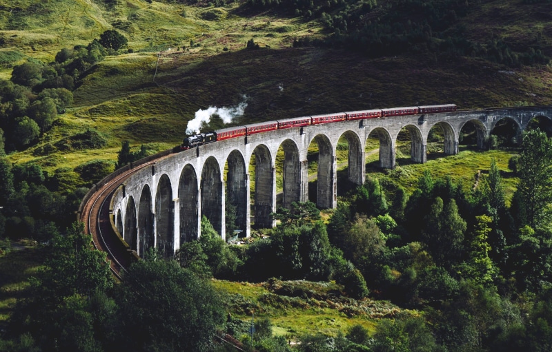 bridge, connection, transportation, green color, arch, mountain, bridge - man made structure, landscape, path, nature, tree, scotland, daytime, day, surrounded