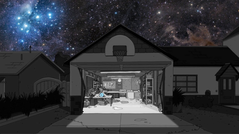 building exterior, nature, communication, no people, sky, night, galaxy, 720P, garage, star - Space, Rick and Morty, outdoors, residential district, dark