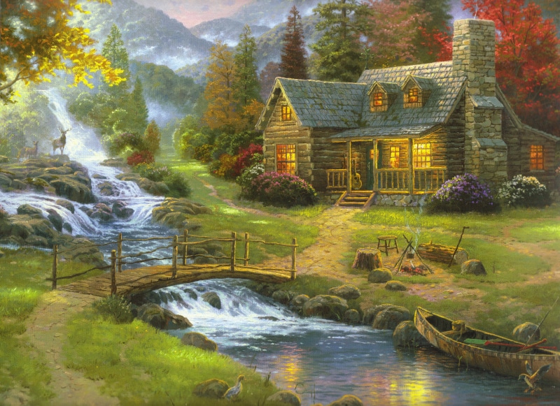 landscape, building, old, flowing water, Thomas Kinkade, fog, cultures, trees, flowing, nature, next, art, reflection, wooden, Mountain Paradise, stream