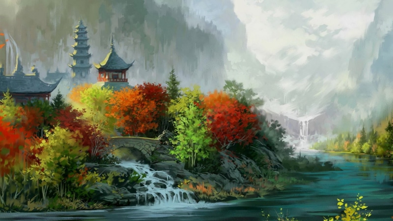 waterfront, painting, beauty in nature, mountain, forest, motion, Asian Architecture, built structure, artwork, Trees, house, building, architecture, place of worship