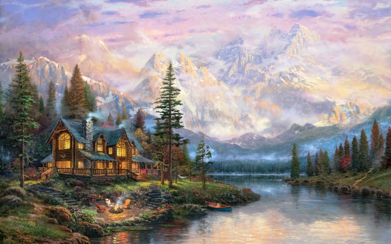 Mountains, River, Painting, Beautiful, House, Trees, 2K