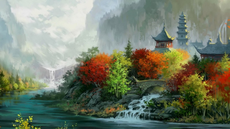 waterfall, mountains, tower, landscape, painting, house, fall, artwork, 1080P, bridge, valley, trees, river, digital art, forest, Asian architecture, leaves