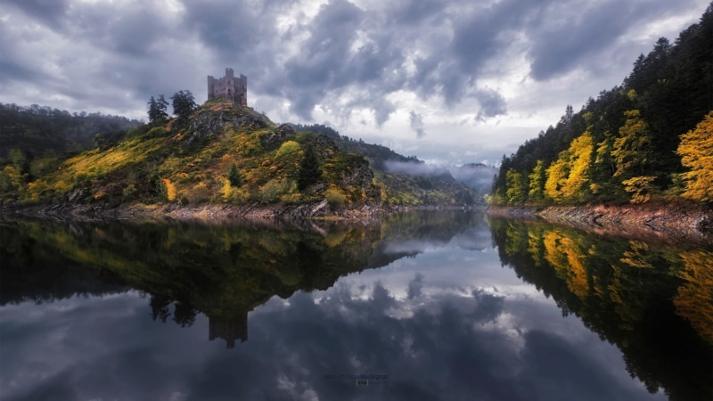 castle, covered, rock, water, 1080P, hills, beauty in nature, tranquility, tree, nature, reflection lake, green, landscape, outdoors, mist, mountain, day