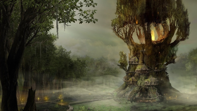 plant, scenics - nature, outdoors, digital art, non-urban scene, nature, 1080P, fantasy art, hazy, trunk, environment, tranquil scene, beauty in nature
