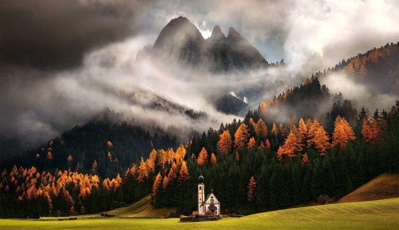 famous Place, travel, change, blue, sunrise - Dawn, yellow, land, tranquil Scene, cloudscape, summer, Max Rive, dolomites, environment, church, plant, sun