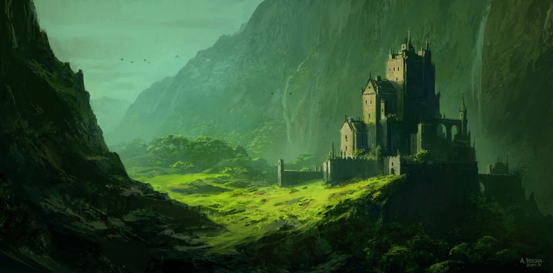 artwork, building, scenics - nature, fog, mountains, building exterior, no people, castle, graphic, architecture, mountain, house, beauty in nature