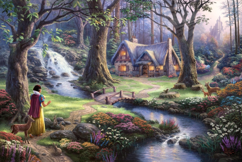 house, rabbits, 2K, artwork, painting, deer, castle, forest, path, bridge, animals, waterfall, trees, lights, sun rays, fairies, flowers, Snow White, Thomas Kinkade