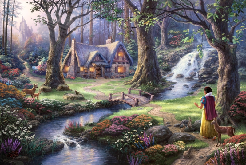 Fairies, path, painting, animals, Sun Rays, waterfall, Thomas Kinkade, 2K, bridge, Deer, forest, rabbits, house, artwork, fantasy Art, Snow White, Stream