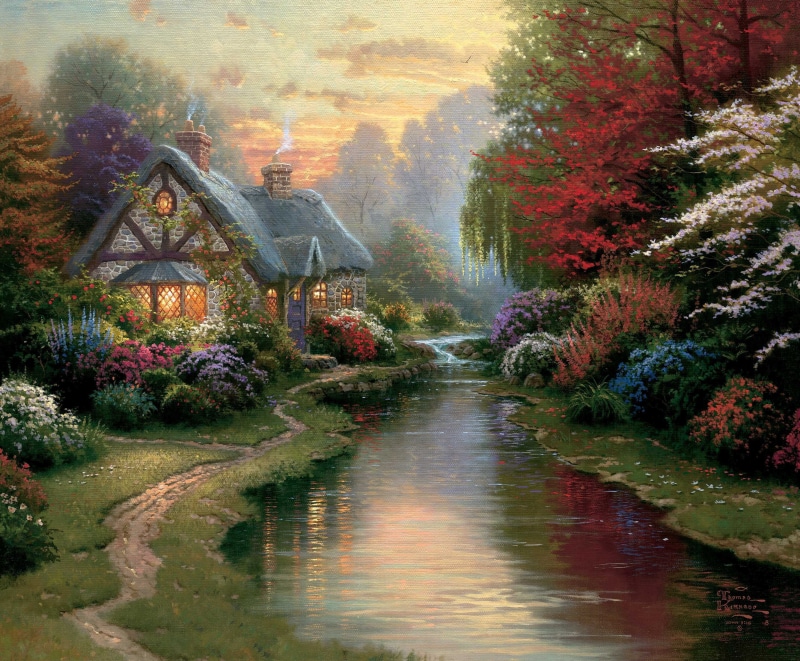 water, lake, waterfall, the evening, cottage, reflection, scenics, 2K, season, tranquility, tree, autumn, building, path, multi Colored, pond, built structure