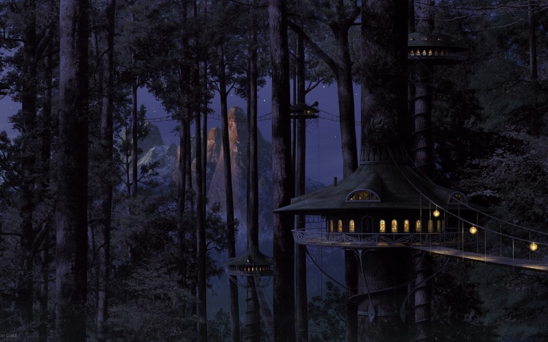 treehouses, tree, land, architecture, day, 1080P, house, trunk, illuminated, tree trunk, plant, artwork, tranquility, trees, black, growth, outdoors, fantasy art