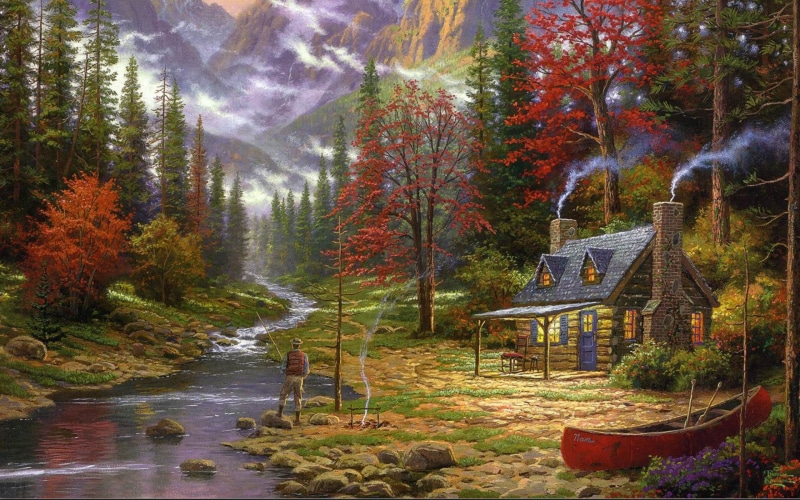 autumn, scenics, house, growth, fisherman, leaf, picture, change, scenics - nature, green Color, rock - Object, Thomas Kinkade, the fire, landscape, boat